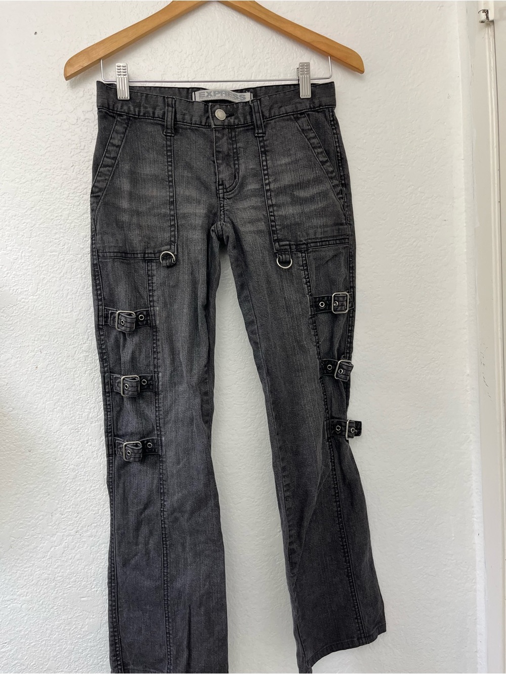 Express Black Flare Jeans with Buckle & Ring Details Y2K
